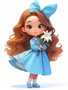 一支百合花穿着蓝色裙子抱着百合花的卡通女孩插画