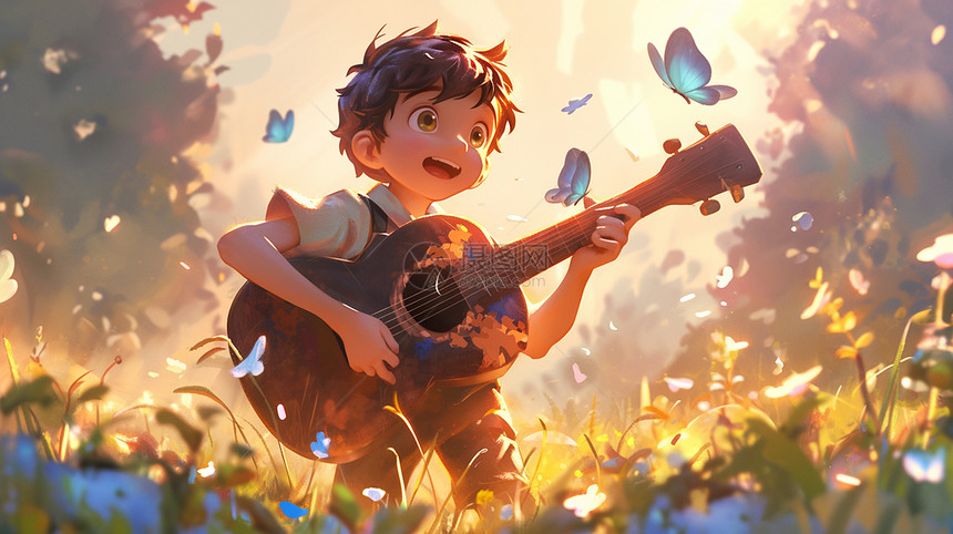 在草丛中开心弹琴的小男孩图片