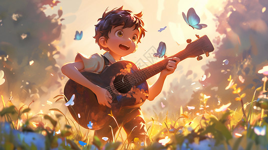 乐器卡通在草丛中开心弹琴的小男孩插画
