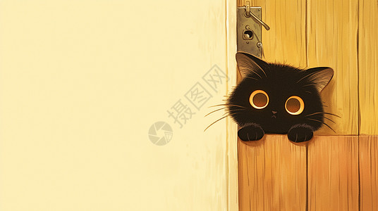 钢木门木门后可爱的卡通小黑猫插画