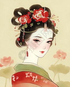 头戴红色花朵国风优雅的卡通女人背景图片