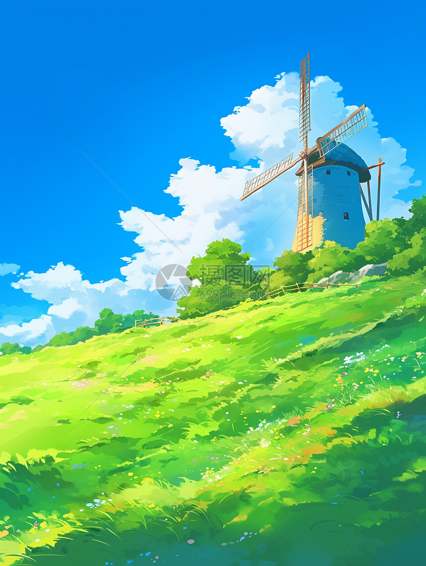在绿色美丽的山坡上有一座安装着风车的卡通小房子图片