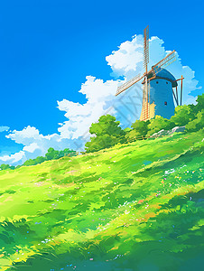在绿色美丽的山坡上有一座安装着风车的卡通小房子插画