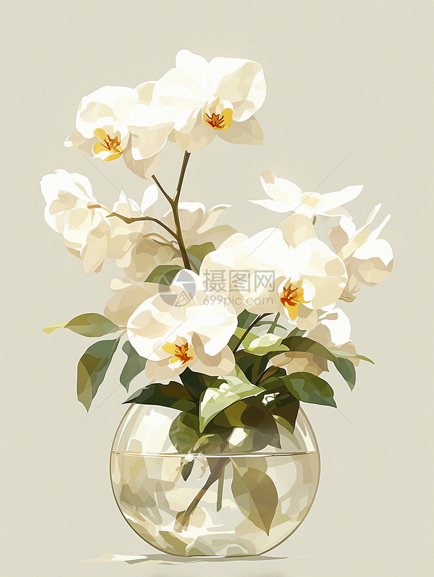 花瓶中插着一束白色漂亮的卡通花朵图片