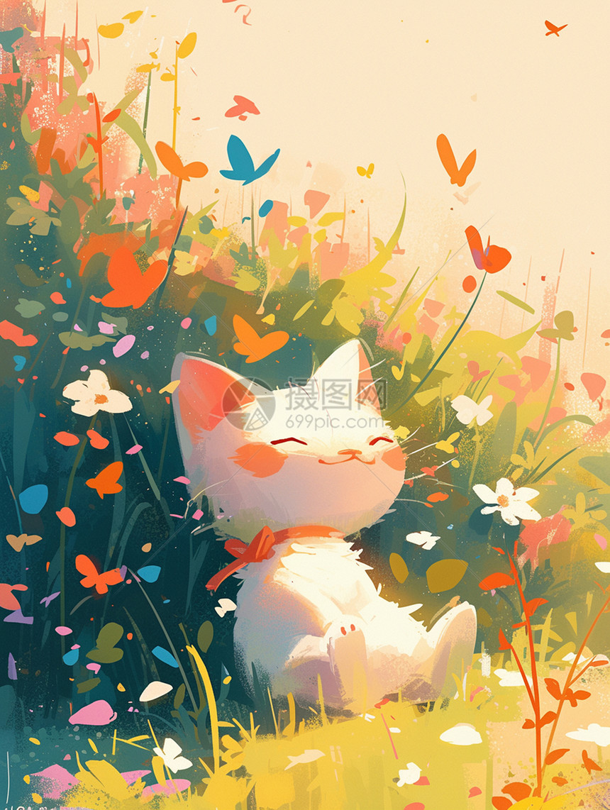 可爱的卡通小白猫在花丛中图片