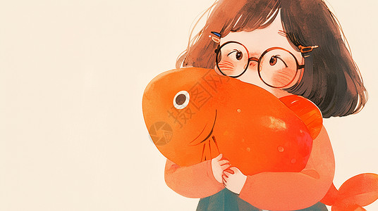 可爱的卡通小女孩抱着红色巨大的鱼背景图片