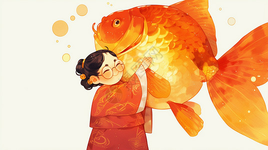 卡通小女孩抱着红色鱼背景图片