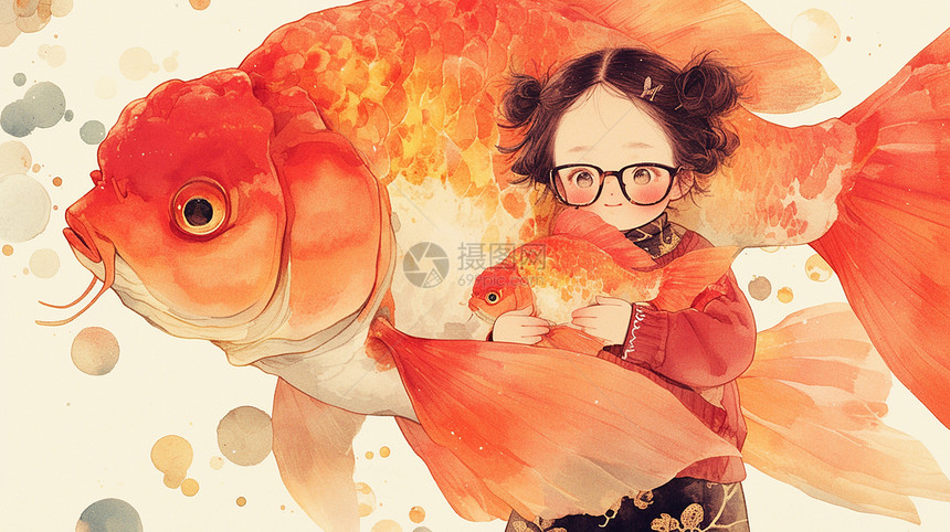可爱的卡通小女孩抱着红色巨大鱼图片