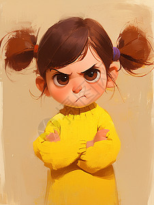 丸子頭女孩穿着黄色毛衣生气的卡通小女孩插画