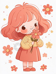 卡通可爱小花手拿一朵小花开心笑可爱卡通小女孩插画
