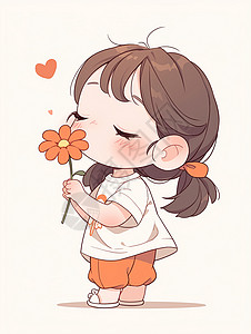 一朵白色花穿白色T恤手拿一朵小花的可爱卡通小女孩插画