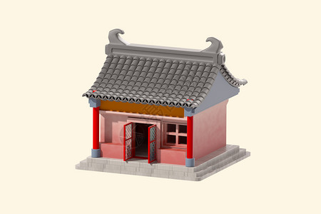 c4d立体卡通红色开门古建筑3d插画元素背景图片