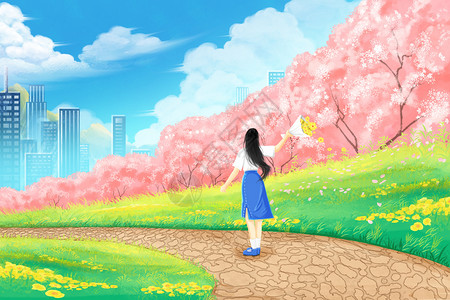 手绘治愈系女孩春游踏青樱花场景插画背景图片