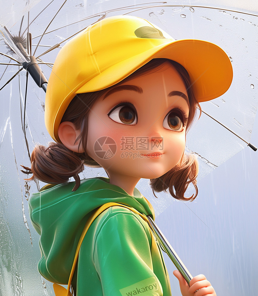 打着雨伞在雨中的卡通小女孩图片