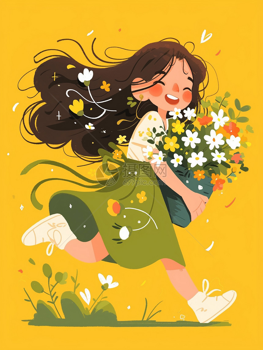 可爱的卡通小女孩抱着一篮子花朵开心奔跑图片