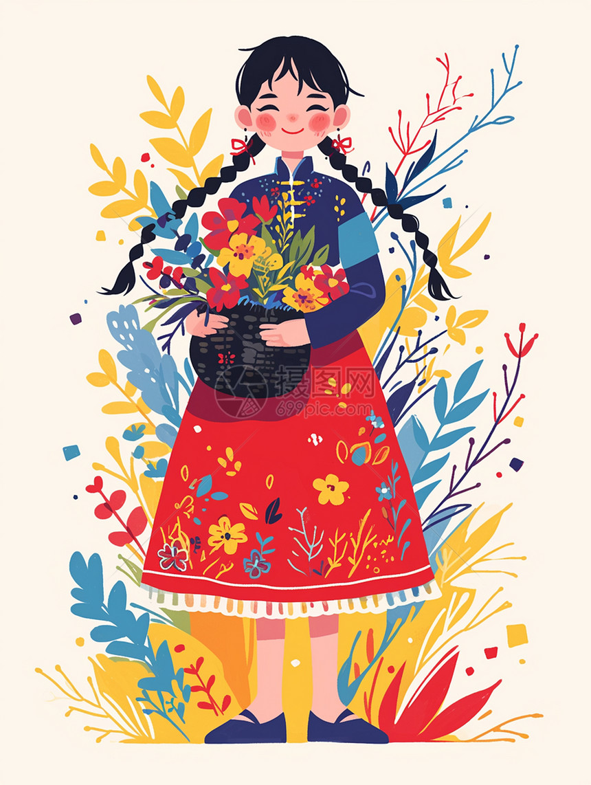 抱着一篮子花朵穿着碎花裙站在花丛中的卡通小女孩图片