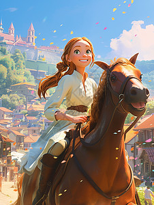 骑马女孩骑着马开心笑的卡通小公主插画