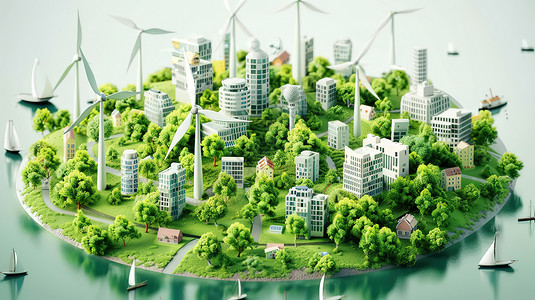 念家园绿色家园新能源风车3D插画