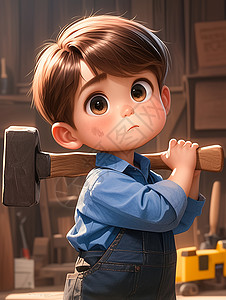 手拿着锤子穿着蓝色衬衣的卡通小男孩背景图片
