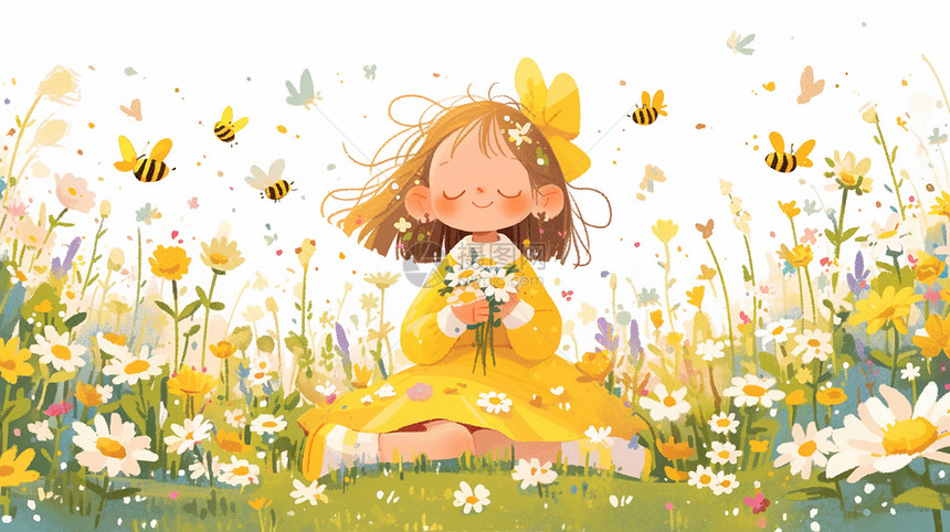 穿着黄色裙子手拿花朵坐在花丛中可爱的卡通小女孩图片