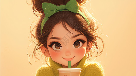 头戴蝴蝶结发卡的卡通女孩在喝饮料背景图片