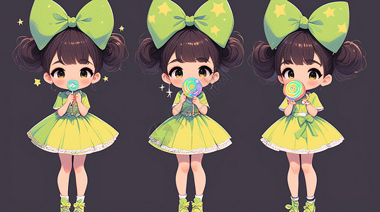 绿色的棒棒糖绿色连衣裙手拿棒棒糖的可爱卡通小女孩插画