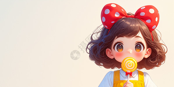 头戴红色蝴蝶结发卡的可爱卡通小女孩正在吃棒棒糖高清图片