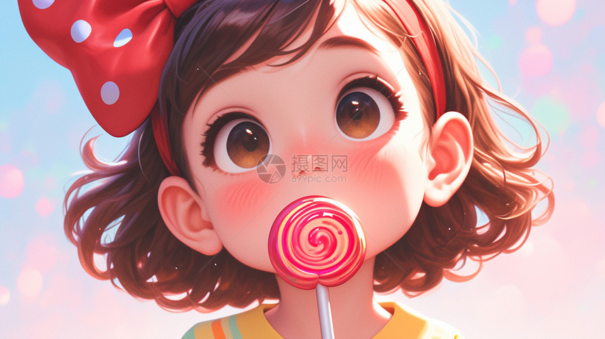 戴红色蝴蝶结发卡的可爱卡通小女孩正在吃棒棒糖图片