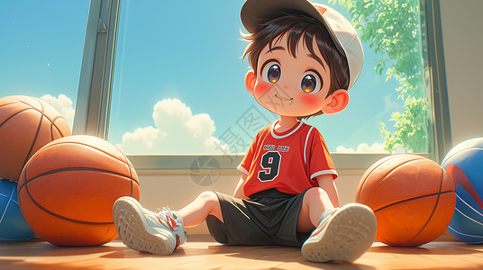身穿篮球服装坐在篮球旁的可爱卡通小男孩高清图片