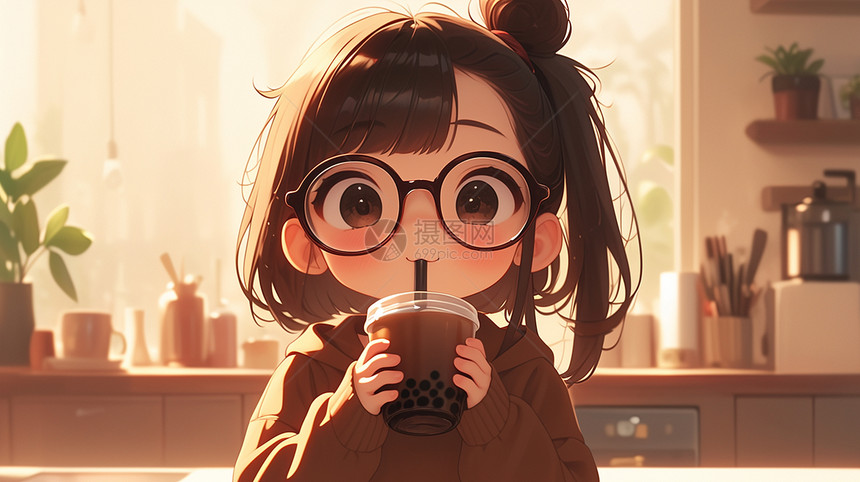 认真喝奶茶可爱的卡通小女孩戴着黑框眼镜图片