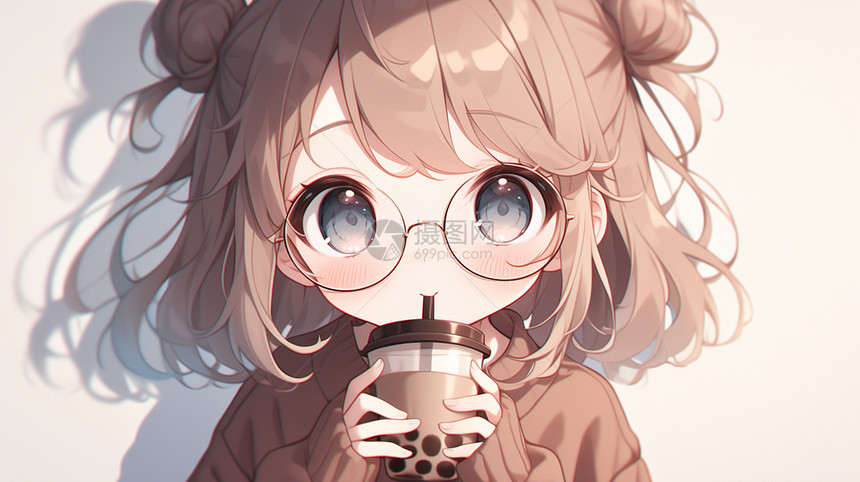 认真喝奶茶可爱的卡通小女孩戴眼镜图片