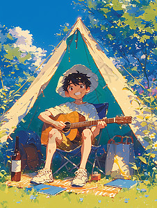 男孩吉他乐器坐在露营帐篷外开心弹吉他的卡通青年插画