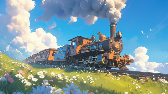 春天一辆卡通火车在开满花朵的山坡上驶过背景图片