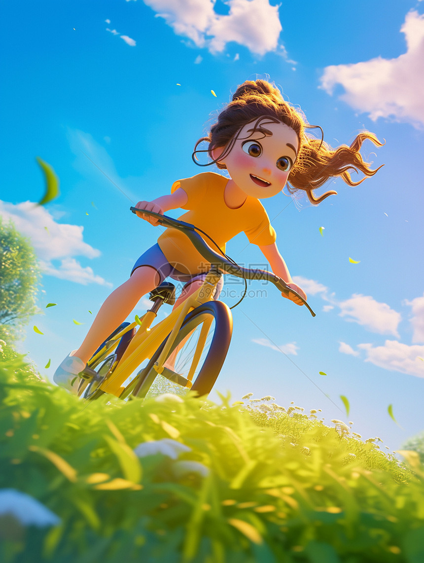春天在草丛中开心骑自行车的卡通小女孩图片