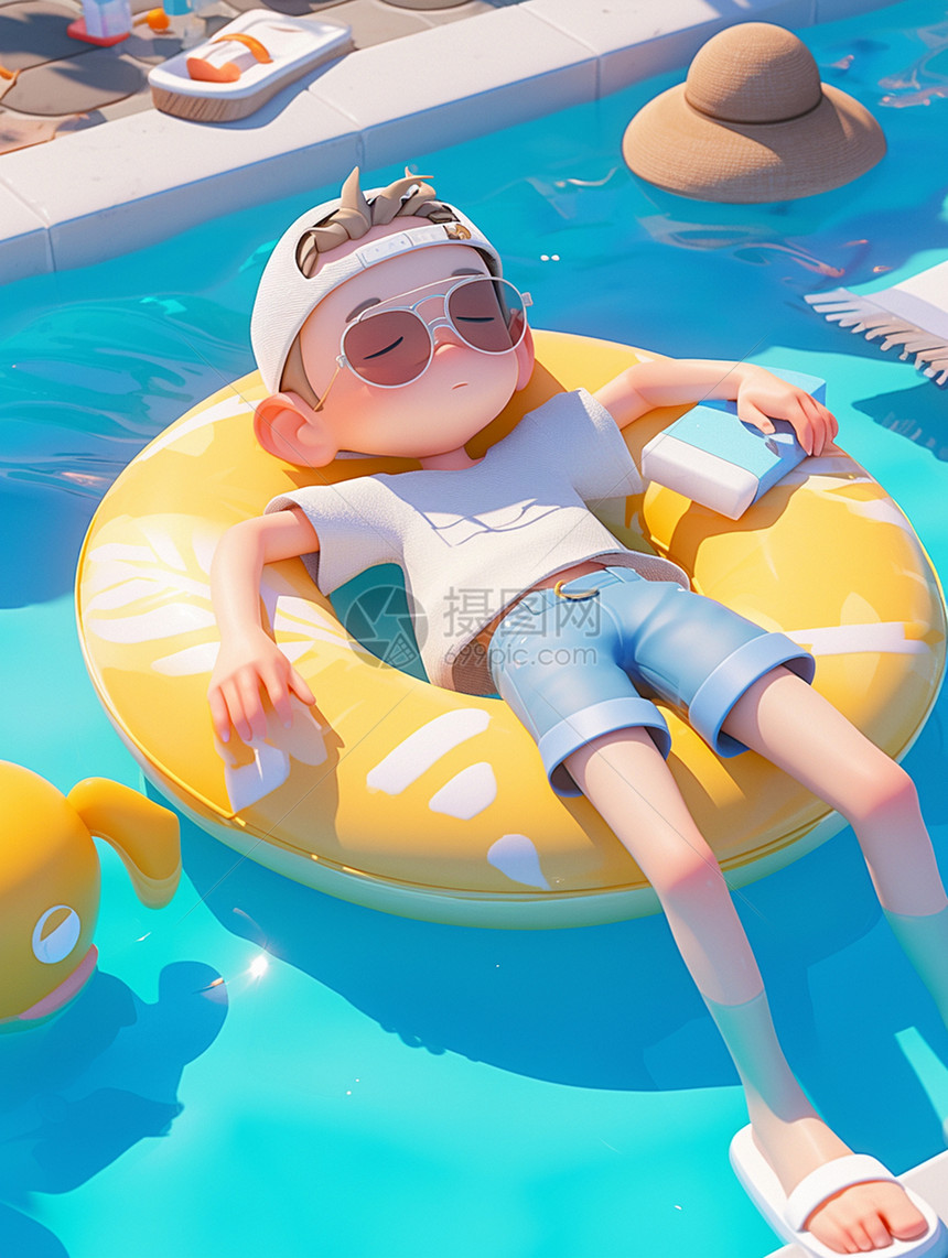 悠闲躺在游泳圈上的晒台太阳的卡通小男孩图片