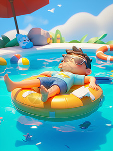 带墨镜的男孩躺在游泳圈上的晒台太阳的卡通小男孩插画
