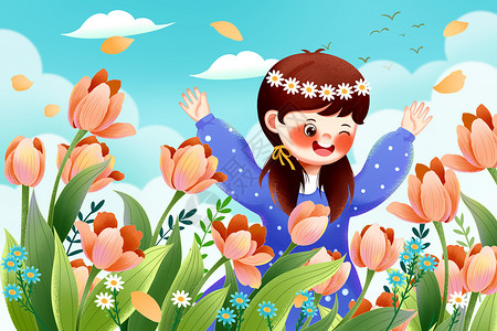 春天郁金香花海与女孩背景图片