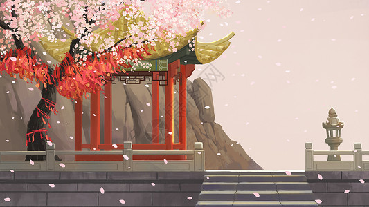 中国式春日樱花树下的凉亭插画