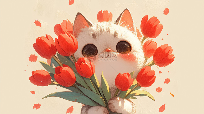 可爱卡通小花猫抱着红色郁金香花朵图片