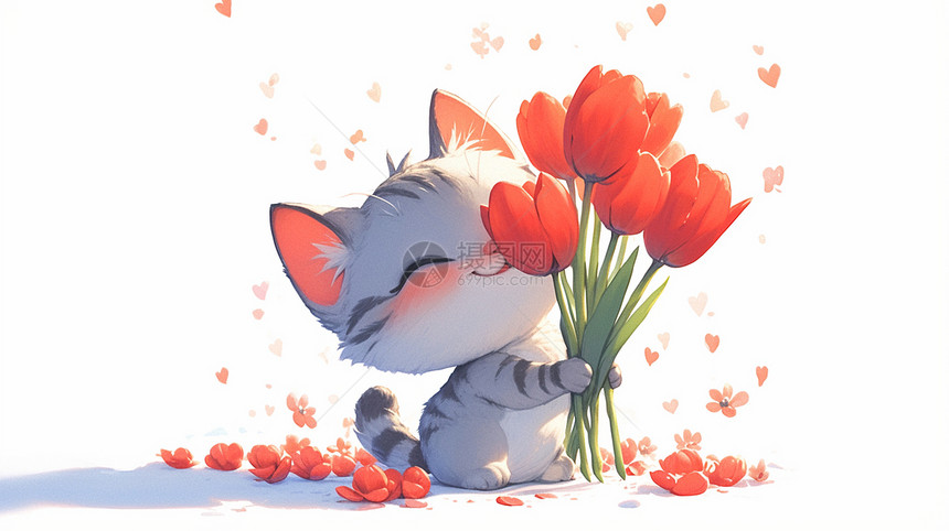 抱着红色花朵的可爱卡通小花猫图片