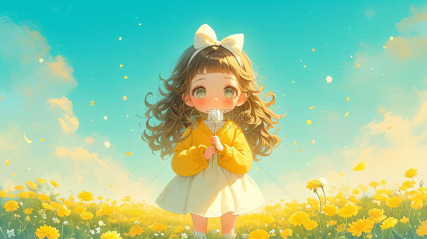 穿着黄色外套站在花丛中的小女孩图片