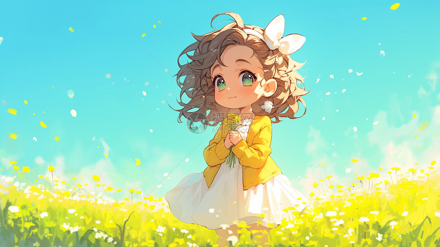 穿着黄色外套站在花丛中的卡通小女孩图片