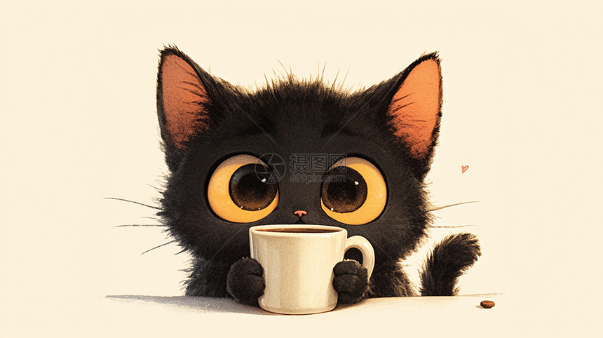 黑色可爱的卡通小猫在喝茶图片