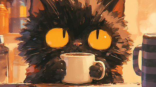 喝咖啡小猫黑色可爱的小猫在喝热茶插画
