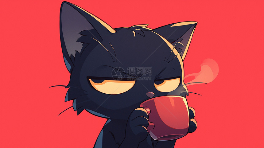 黑色可爱的卡通小猫在喝咖啡图片