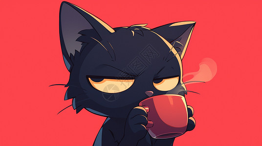 喝小猫崽黑色可爱的卡通小猫在喝咖啡插画