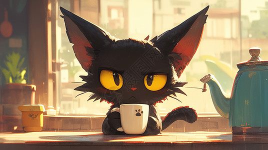 可爱的卡通小黑猫在喝咖啡背景图片