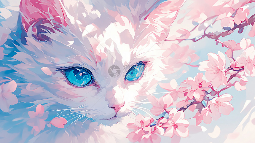 春天在粉色花丛中梦幻的大白猫图片