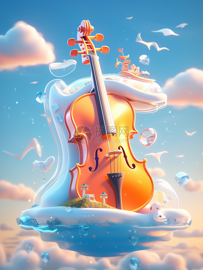 云朵间唯美梦幻的卡通小提琴图片
