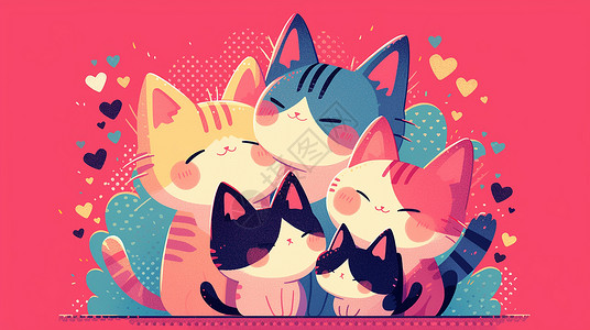 家族合影在一起的可爱卡通小猫插画